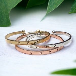 3/$20 Love Bracelets Triple Stacking Stamped Word Metal Cuffs Tri Color
